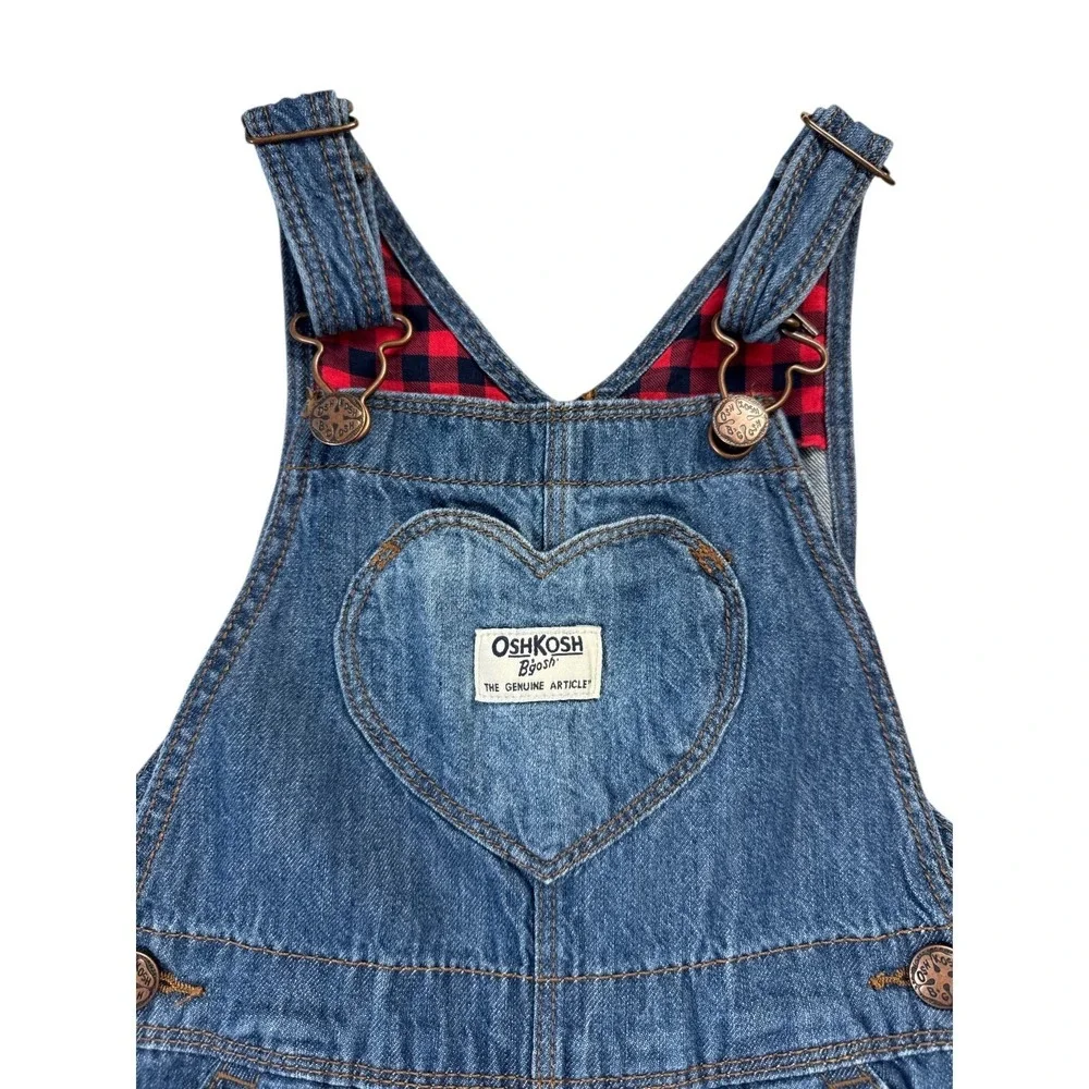 OshKosh B'gosh Denim Overalls Jumper Plaid Bib Blue Heart Pocket Size 4T Vintage